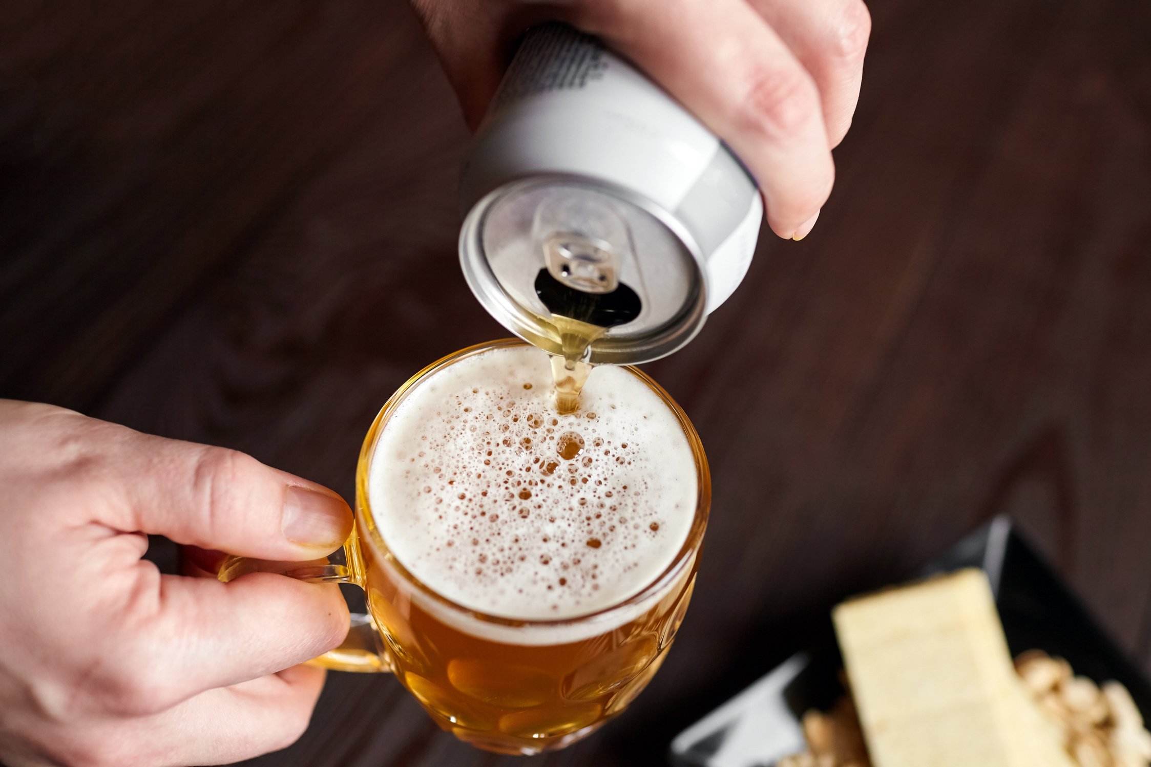 Canned Beer Pouring into Mug, Light Wheat Beer